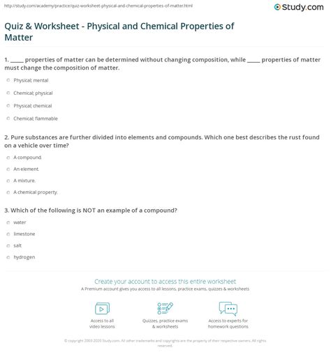 physical and chemical properties worksheet quizlet